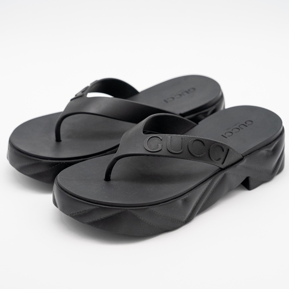 size 40G 10 US Gucci Black Rubber Platform Flip Flops Thongs Sandals - Picture 1 of 12
